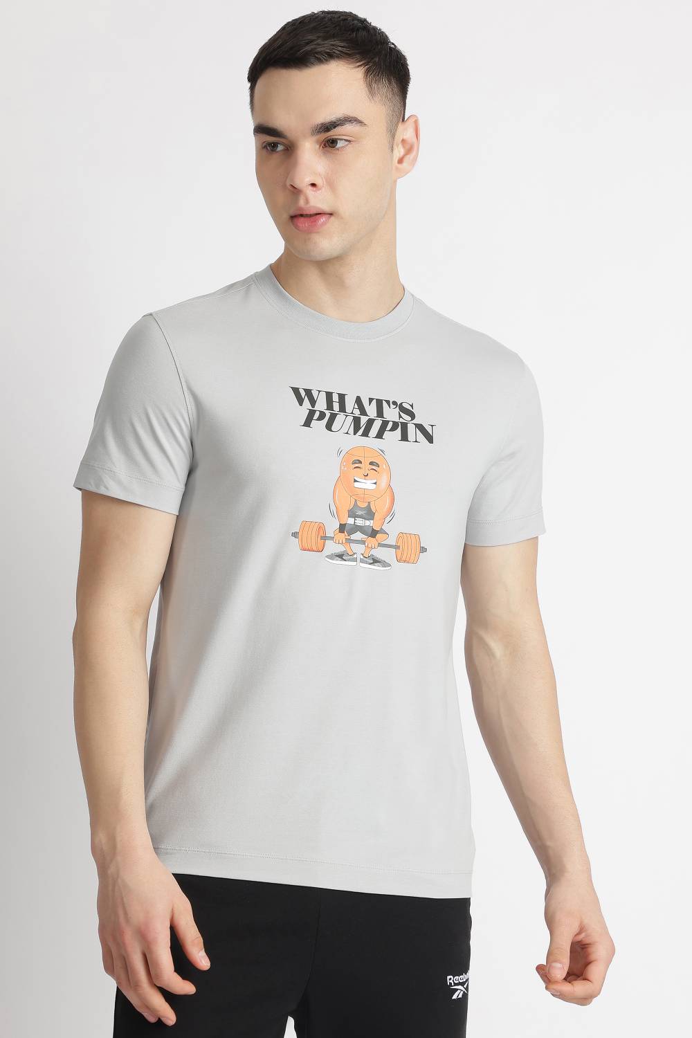 REEBOK Men Graphic Print Crew Neck Cotton Blend Grey T-Shirt