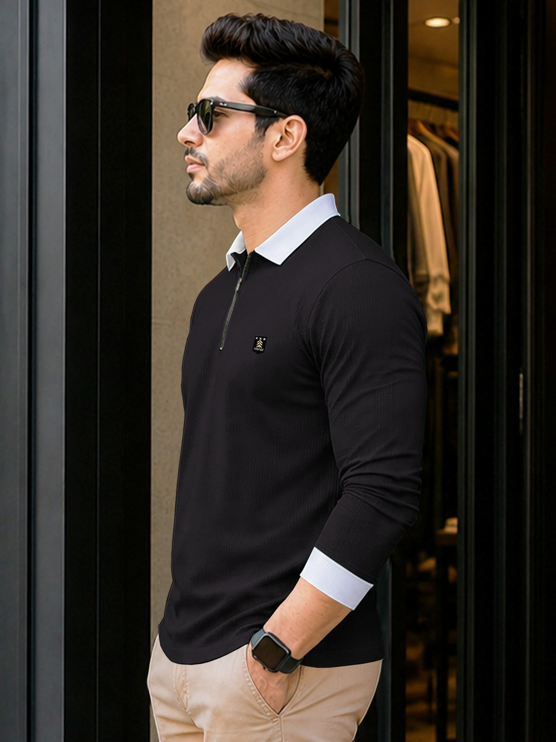 Image of VeBNoR Colorblock Men Zip Neck Black T-Shirt