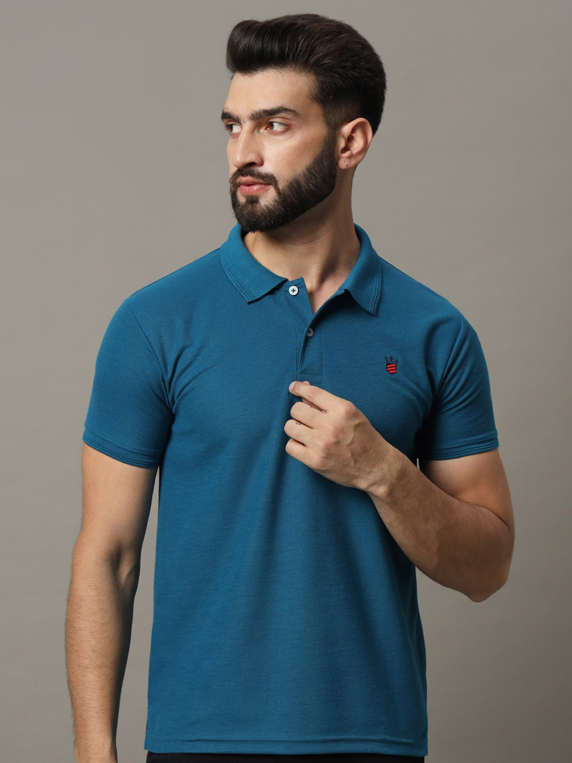 Image of RARHANPREMIUM Solid Men Polo Neck Blue T-Shirt