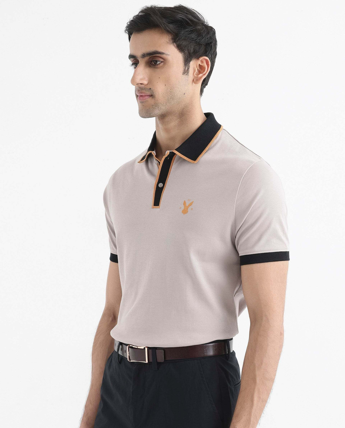 Image of RARE RABBIT Solid Men Polo Neck Beige T-Shirt