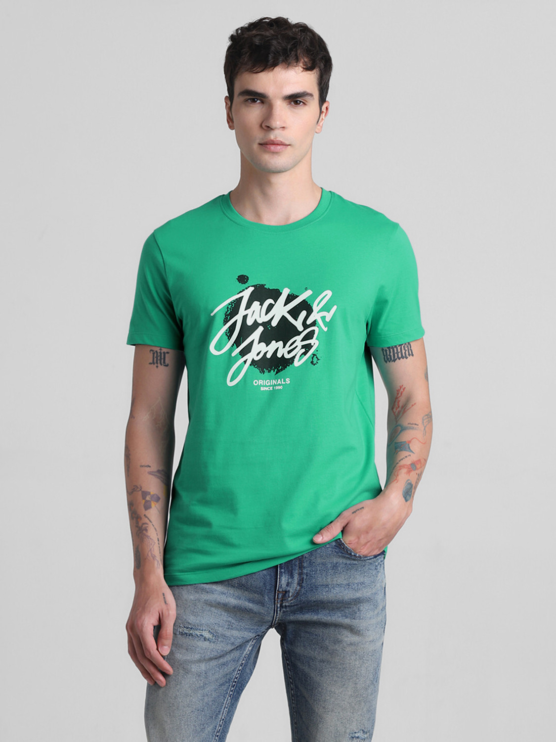 Image of JACK & JONES Printed, Typography Men Round Neck Green T-Shirt