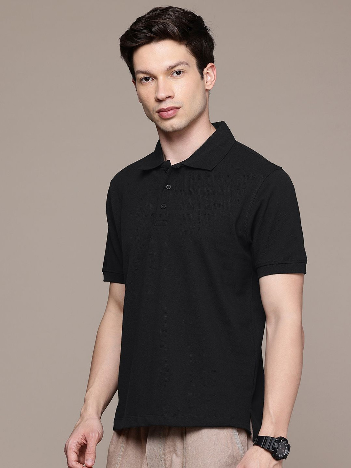 Image of Moda Rapido Solid Men Polo Neck Black T-Shirt