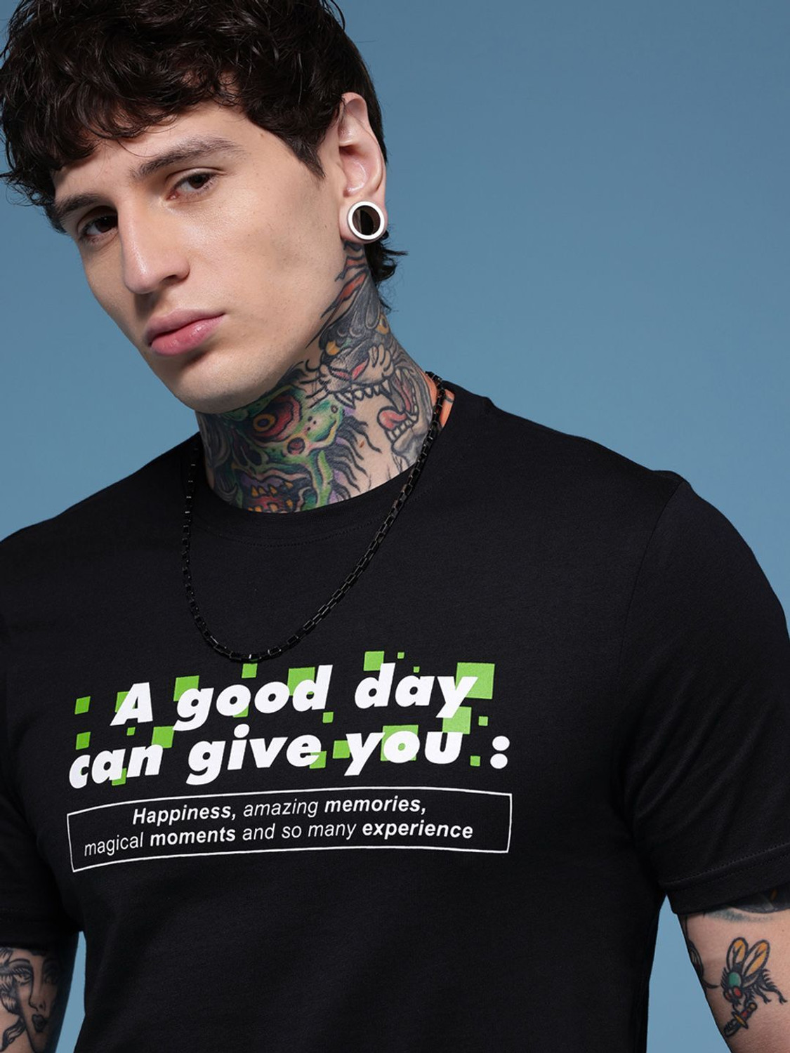 Image of HERE&NOW Printed Men Round Neck Black T-Shirt