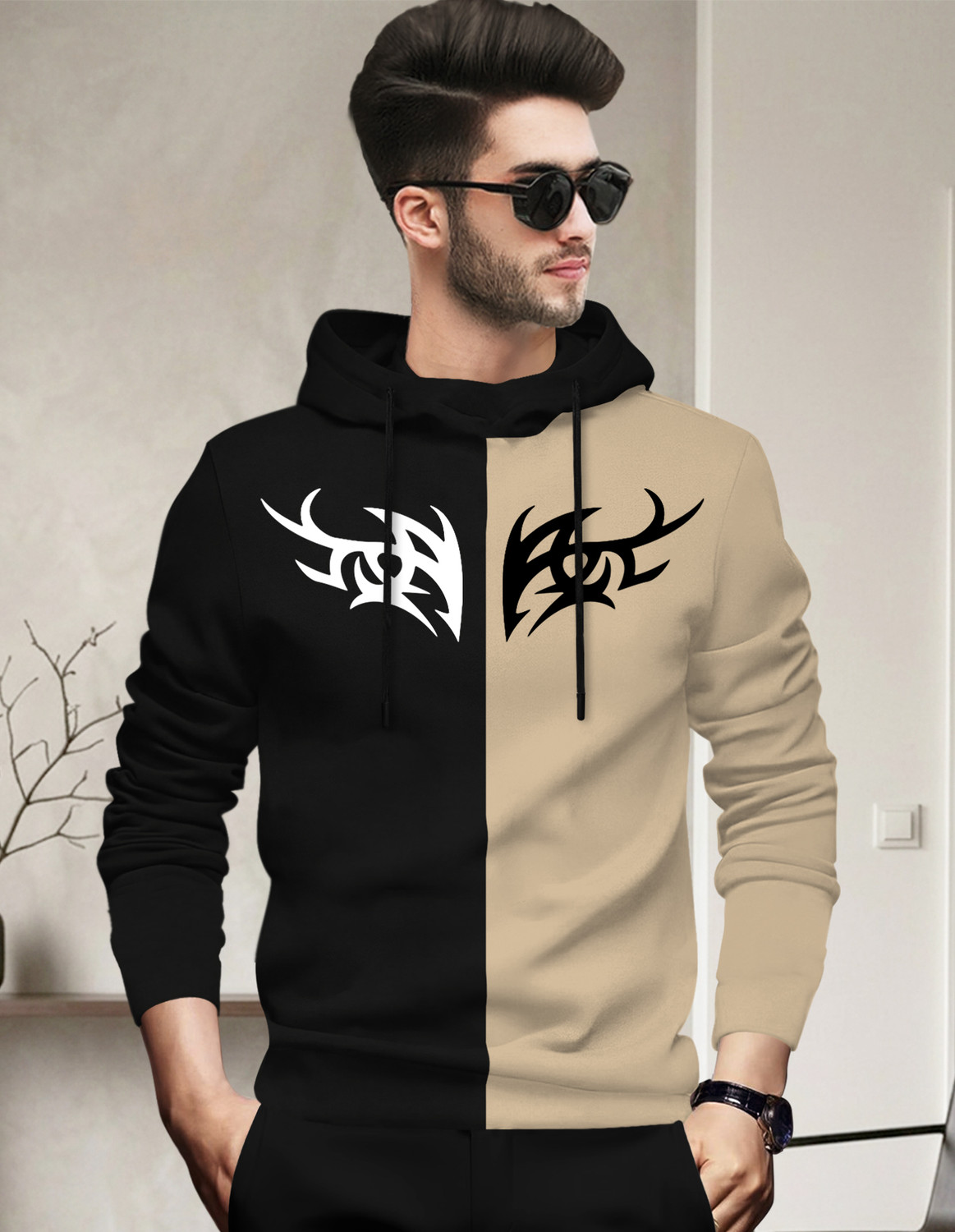Image of TESSERACT Printed Men Hooded Neck Black, Beige T-Shirt