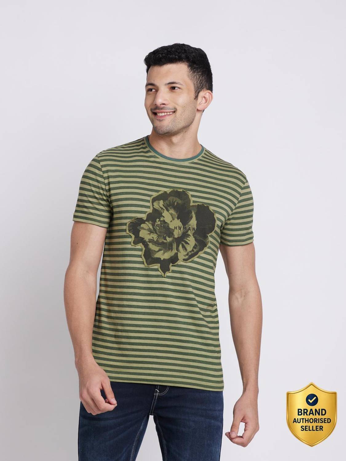 BEING HUMAN Striped Men Round Neck Dark Green T-Shirt