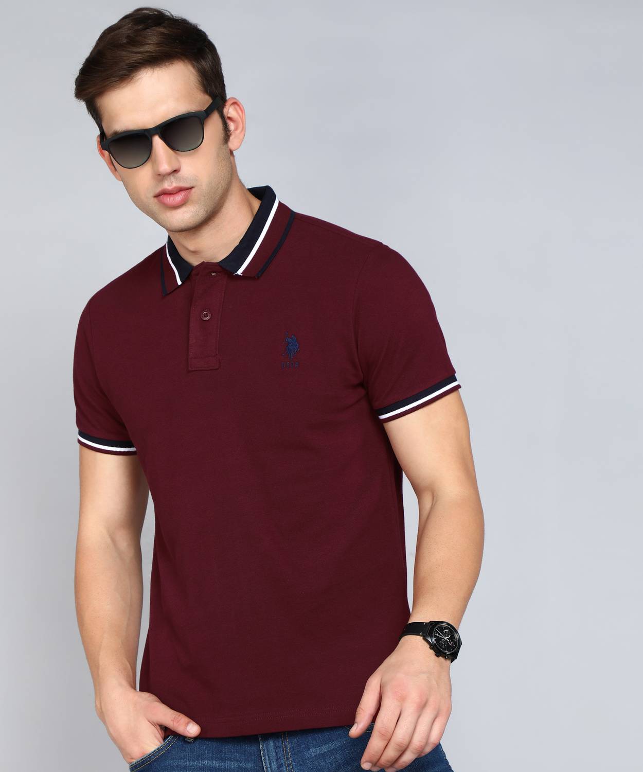 U.S. POLO ASSN. Men Solid Polo Neck Pure Cotton Maroon T-Shirt