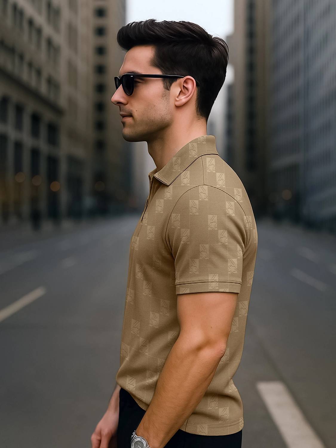 Jump Cuts Men Polo Neck Beige T-Shirt - Image 3