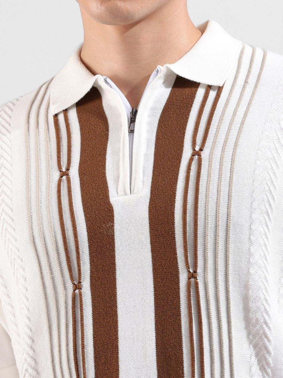 Image of The Indian Garage Co. Self Design Men Polo Neck White T-Shirt