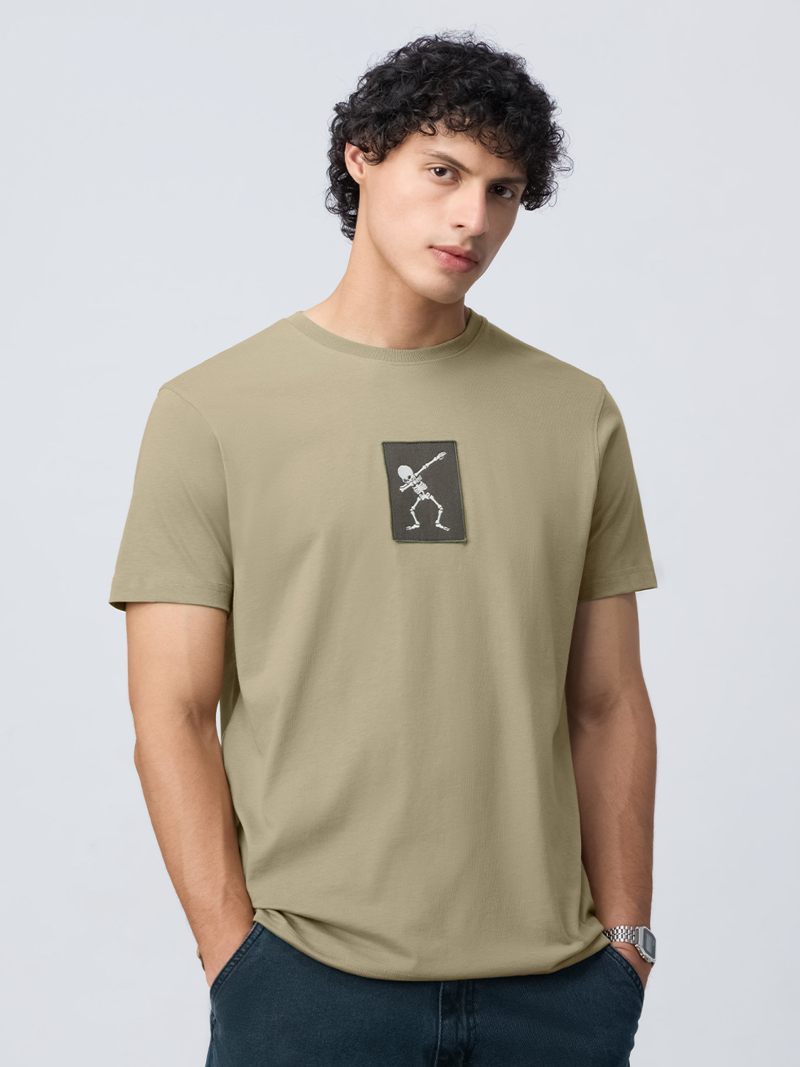 Image of The Souled Store Embroidered Men Round Neck Beige T-Shirt