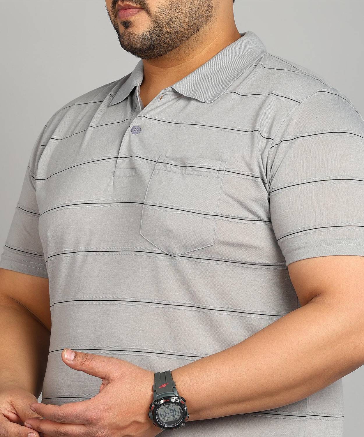 INKKR Men Striped Polo Neck Cotton Blend Grey T-Shirt