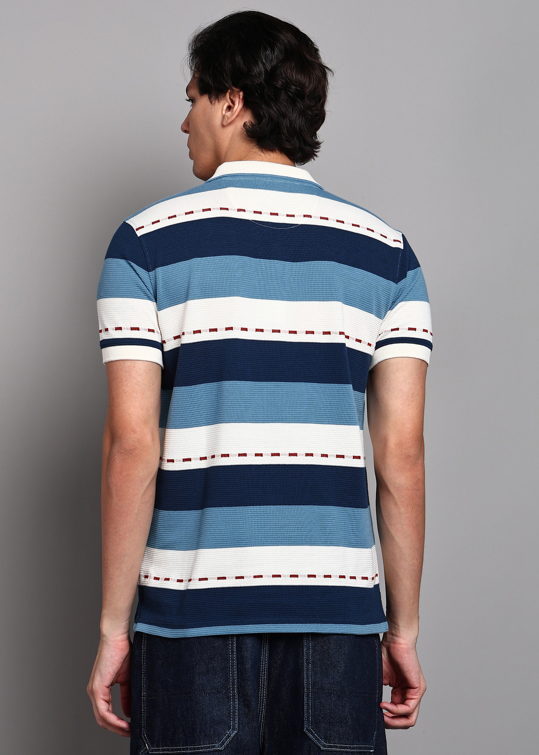 Image of Louis Philippe Jeans Men Striped Polo Neck Polycotton Multicolor T-Shirt