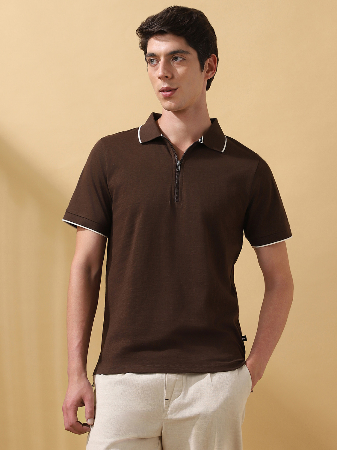 Image of Dennis Lingo Solid Men Polo Neck Brown T-Shirt