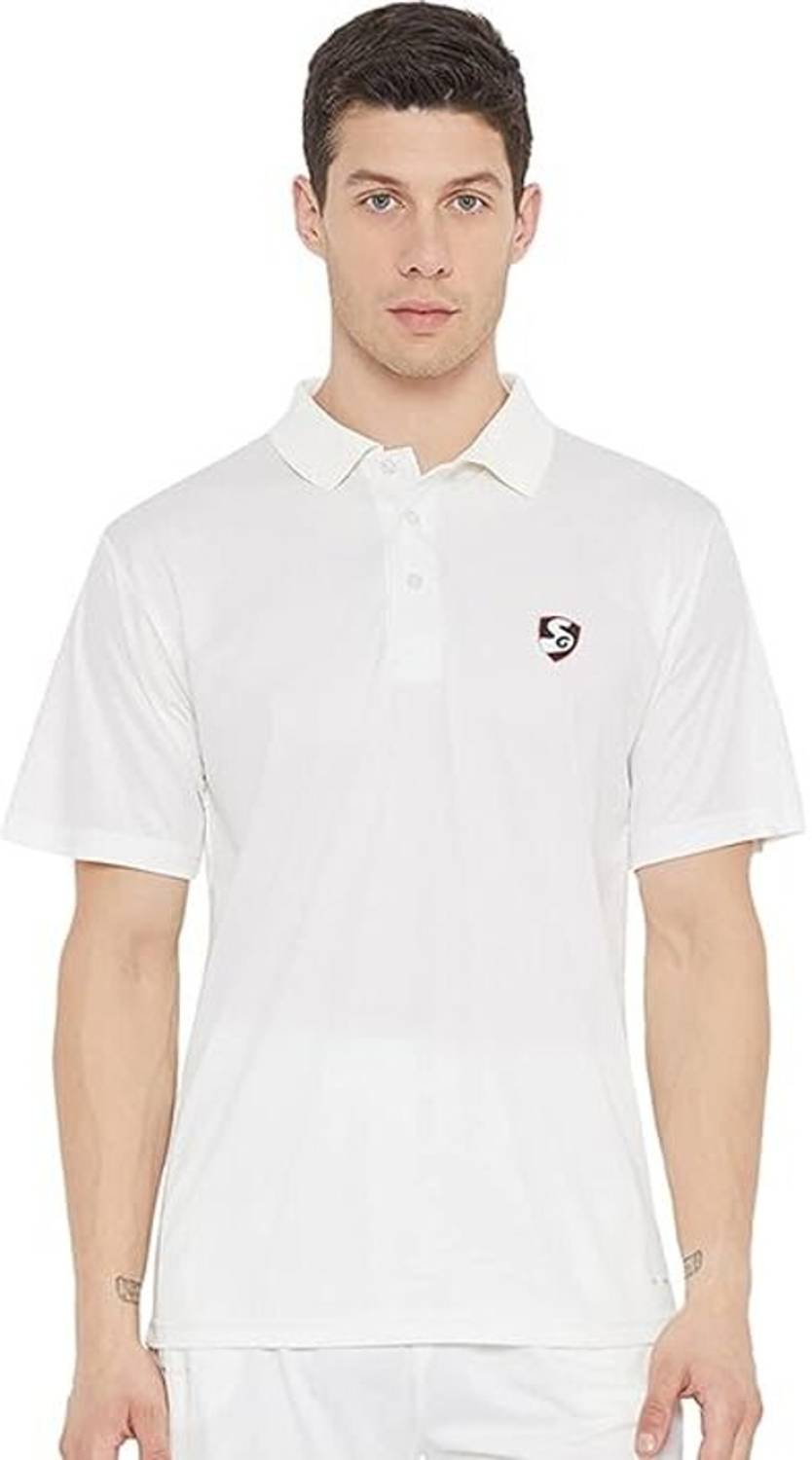 SG Men Solid Polo Neck Polyester White T-Shirt