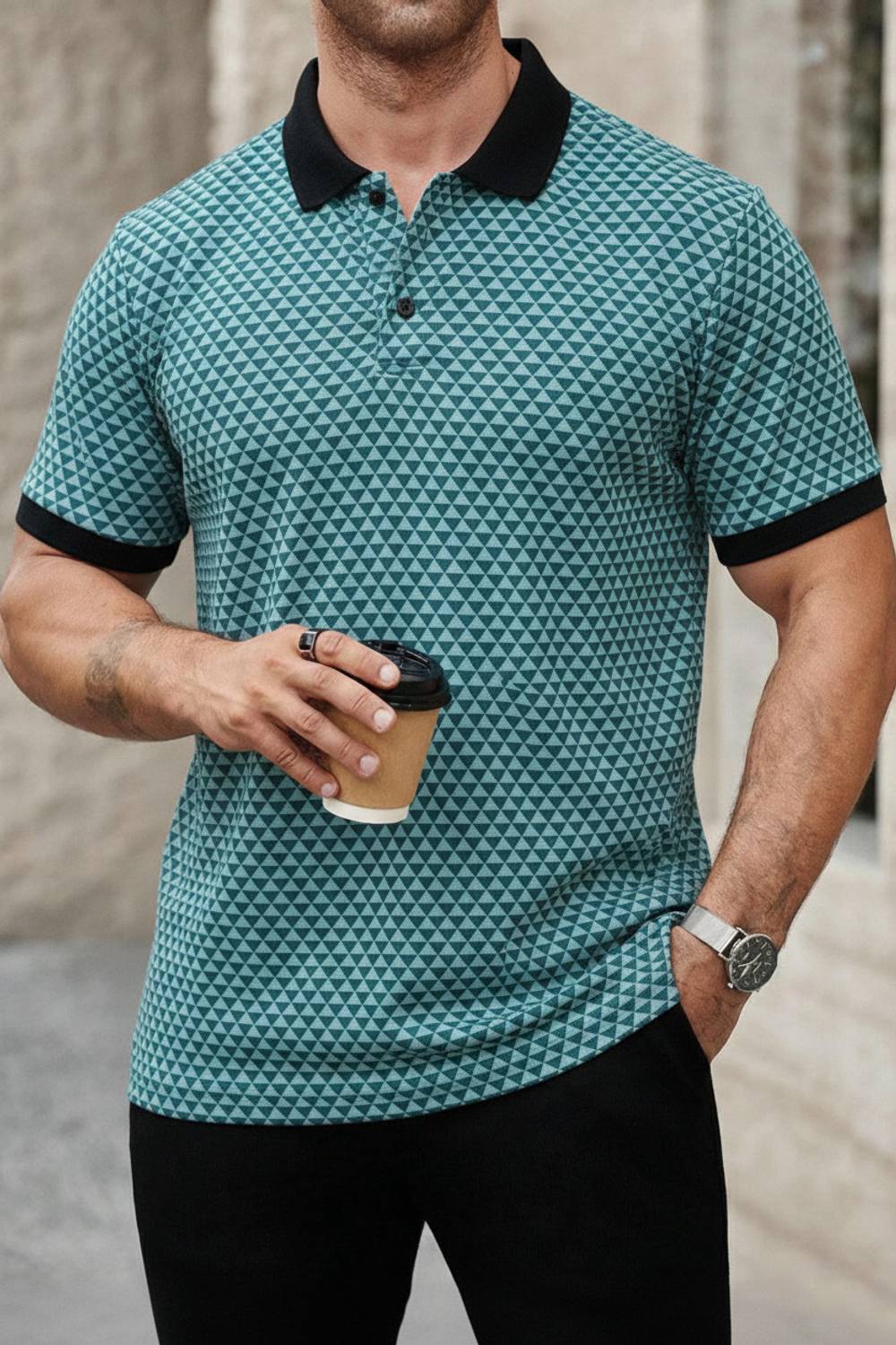 AVOLT Geometric Print Men Polo Neck Green T-Shirt