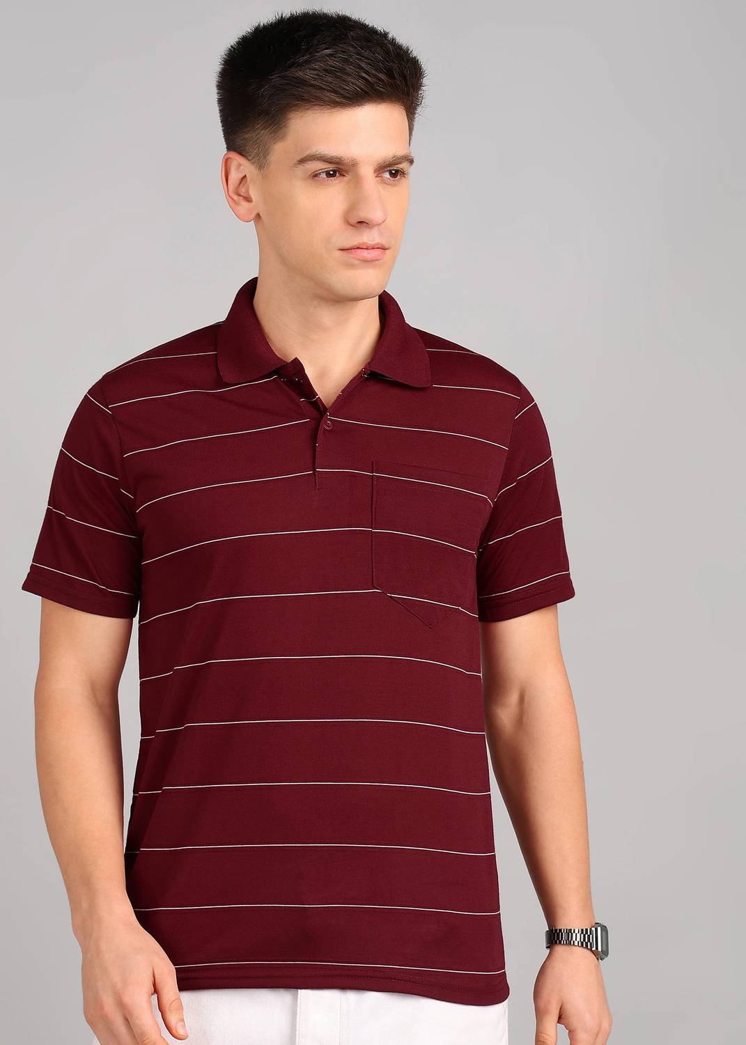 INKKR Men Striped Polo Neck Cotton Blend Multicolor T-Shirt