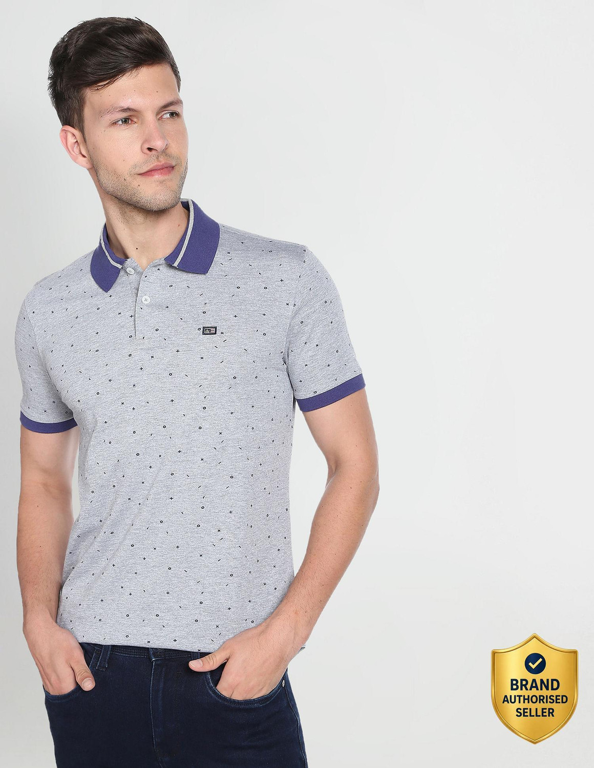 Arrow Sport Printed Men Polo Neck Grey T-Shirt