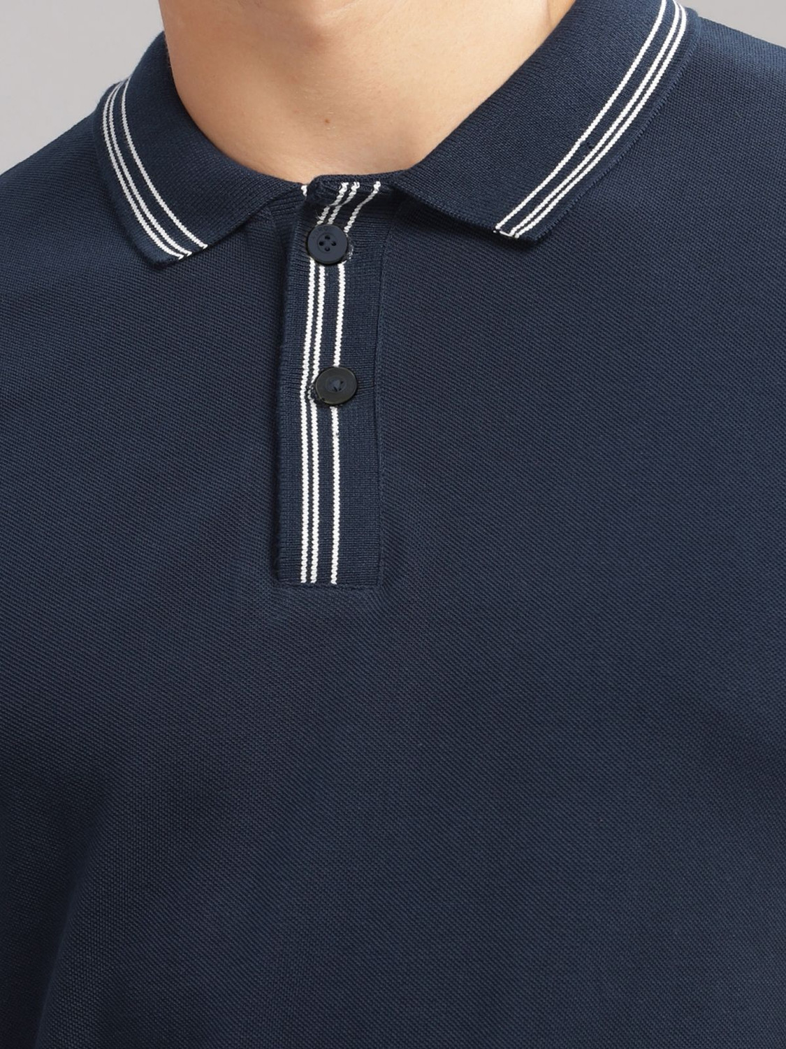 Image of ADRO Solid Men Polo Neck Navy Blue T-Shirt