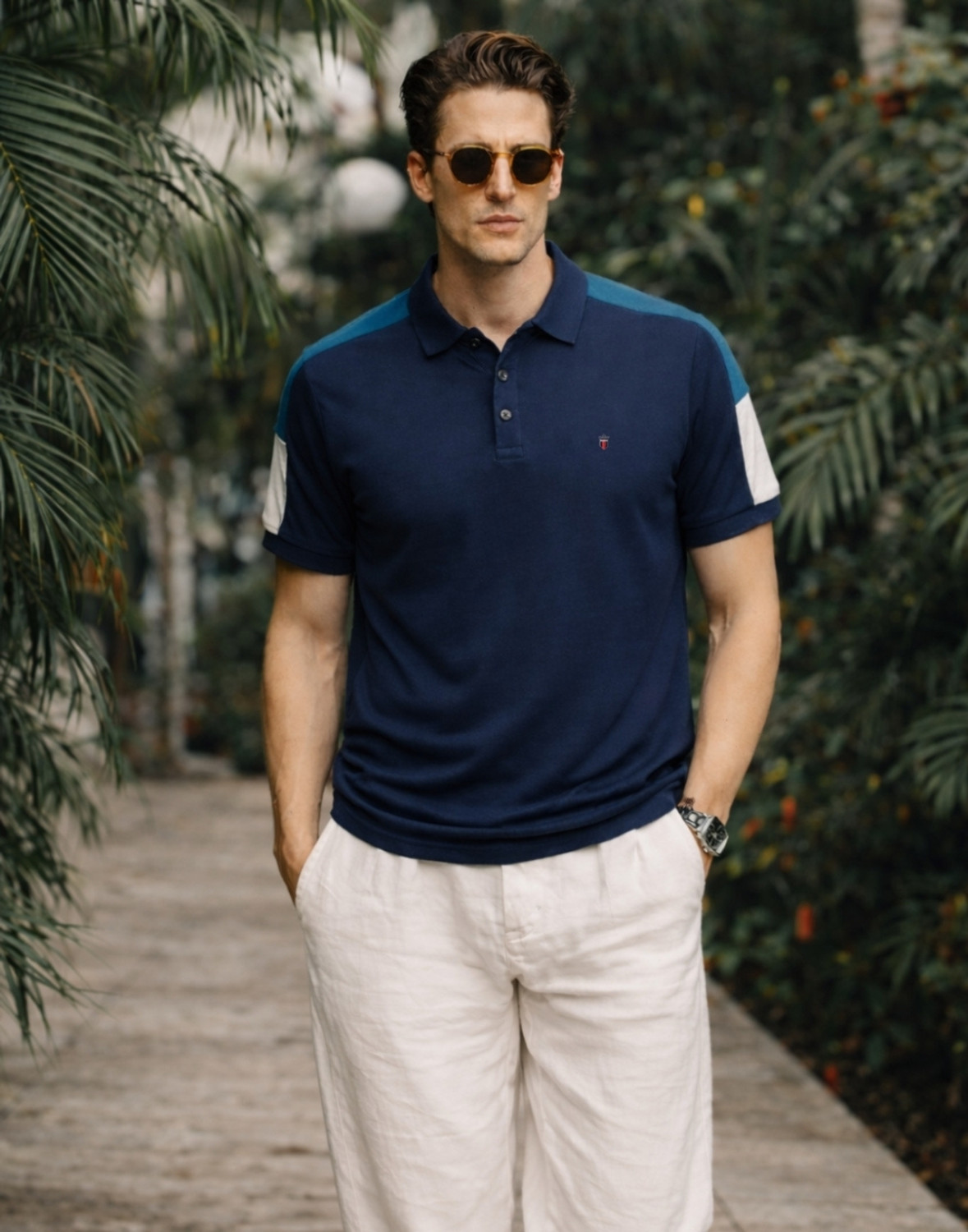 Image of LOUIS PHILIPPE Colorblock Men Polo Neck Blue T-Shirt
