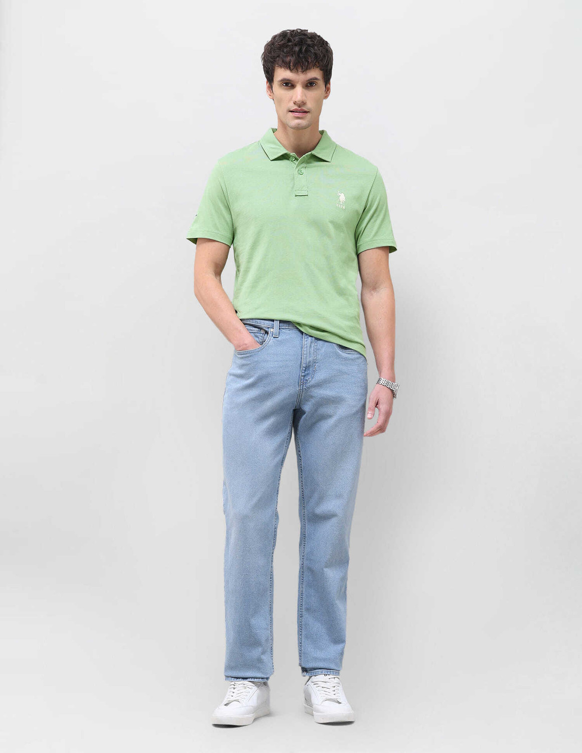Image of U.S. Polo Assn. Denim Co. Solid Men Polo Neck Green T-Shirt