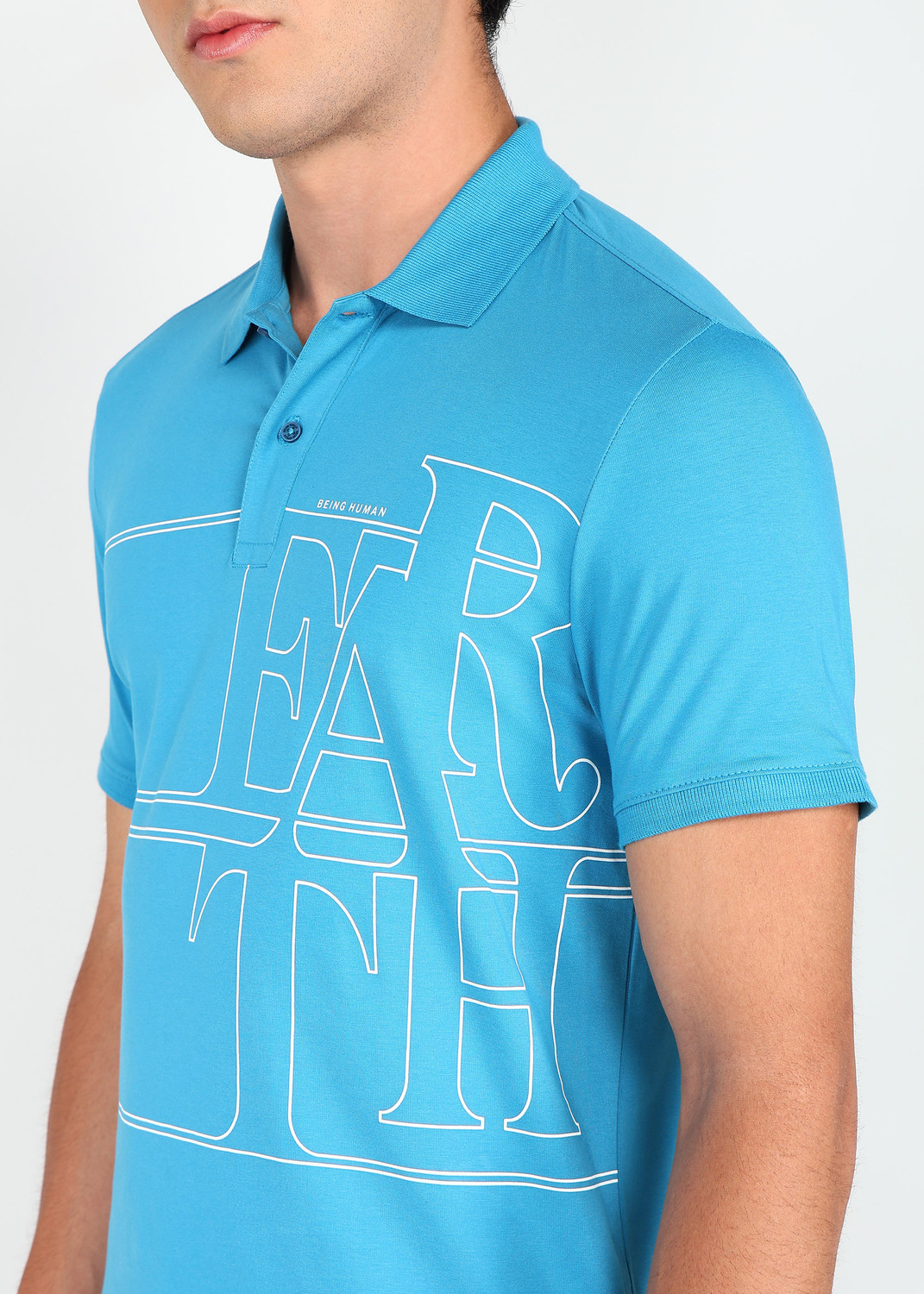 Image of BEING HUMAN Printed Men Polo Neck Blue T-Shirt