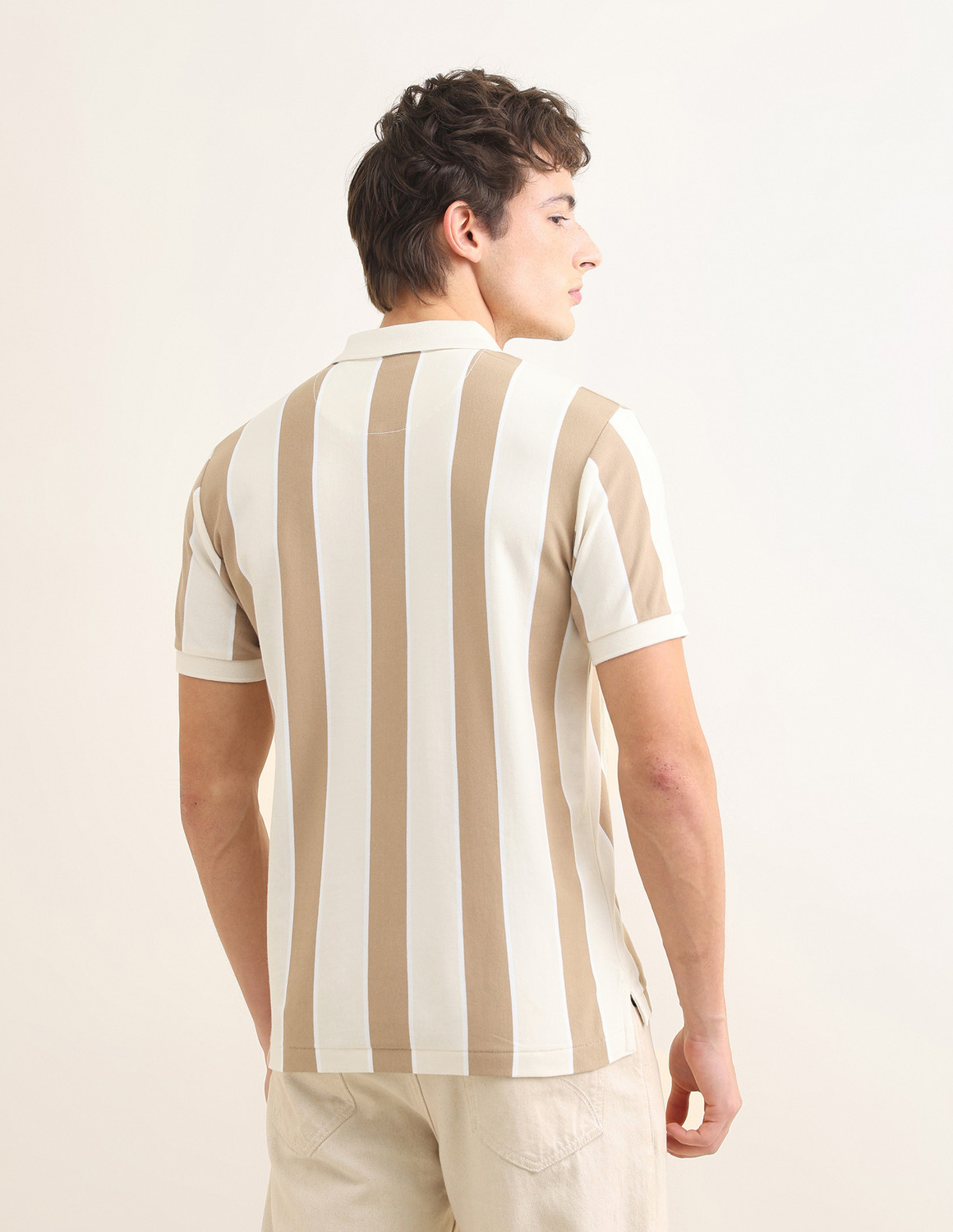 Image of U.S. POLO ASSN. Striped Men Polo Neck Beige T-Shirt