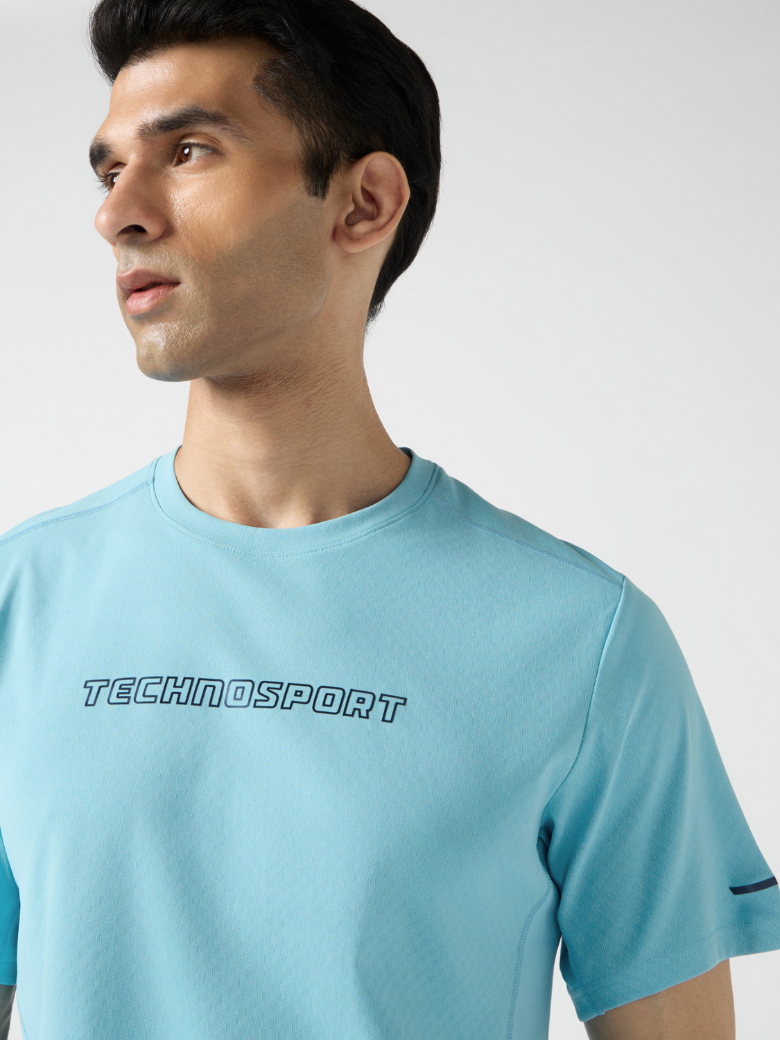 Image of TECHNOSPORT Typography Men Round Neck Light Blue T-Shirt