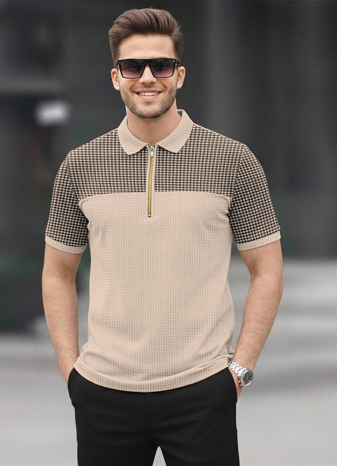 TRIPR Men Printed Polo Neck Cotton Blend Beige, White T-Shirt