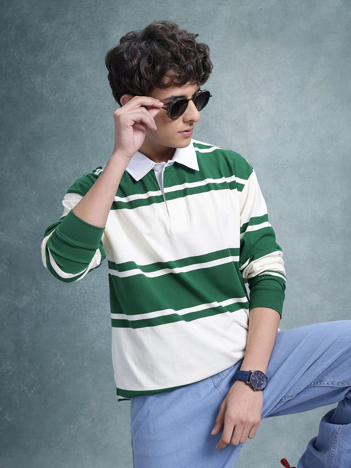 Image of Roadster Striped Men Polo Neck Green T-Shirt