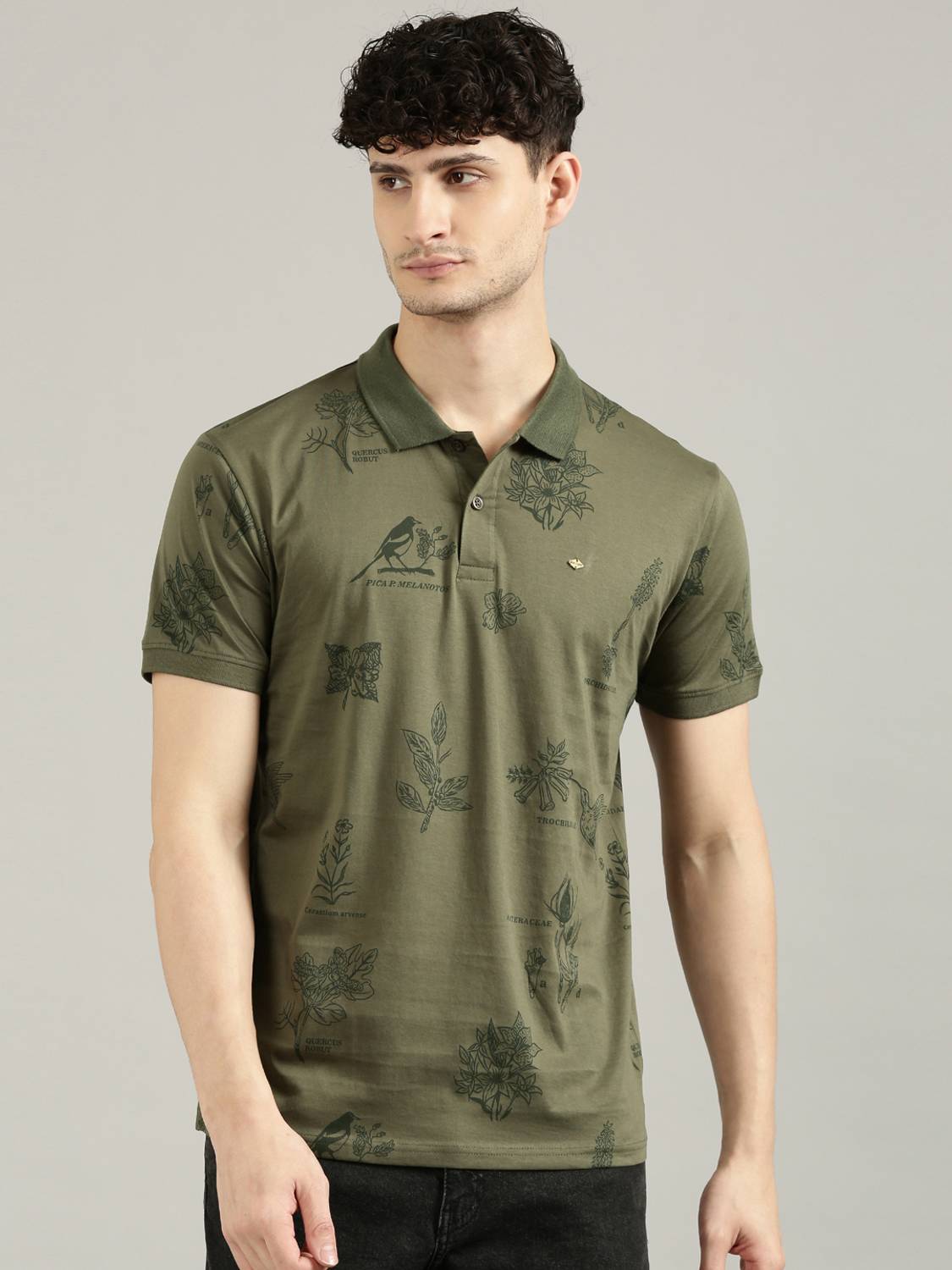 JOVEN Men Printed Polo Neck Pure Cotton Dark Green T-Shirt