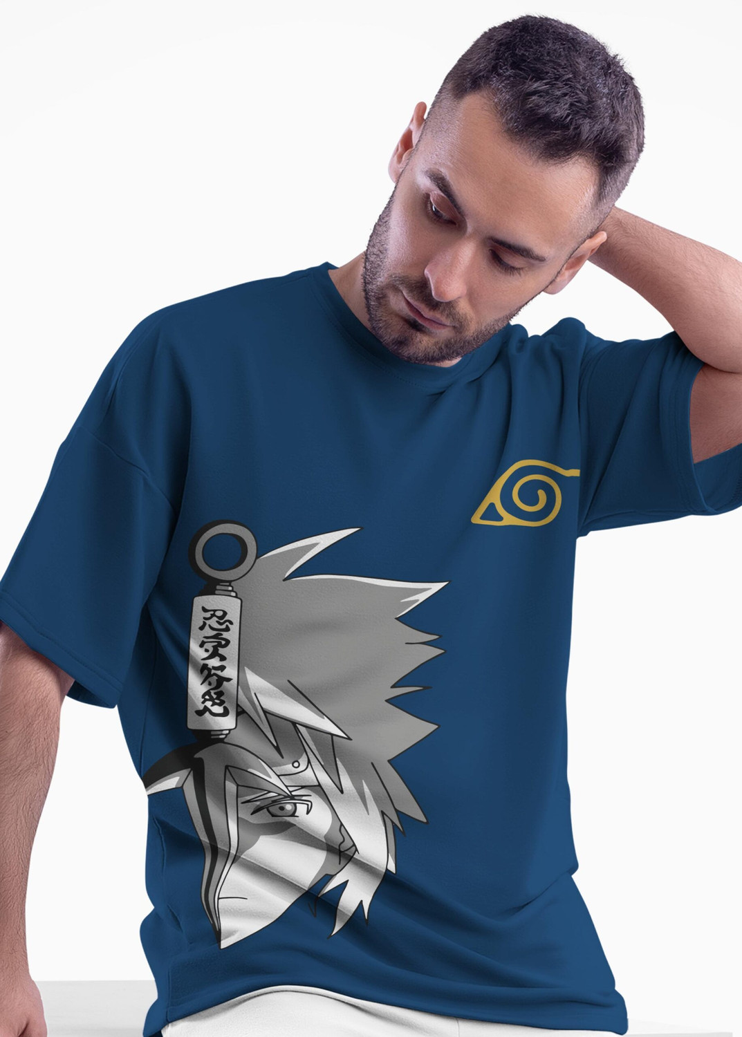 Image of Thecrazymonk Graphic Print Men Round Neck Navy Blue T-Shirt