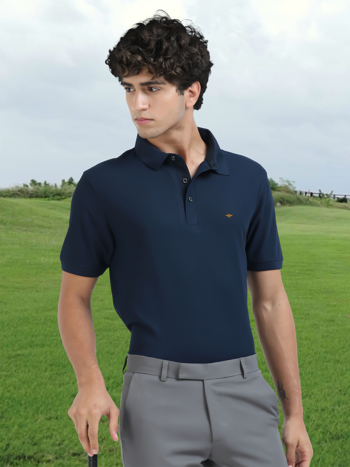 Image of Stellers Solid Men Polo Neck Dark Blue T-Shirt