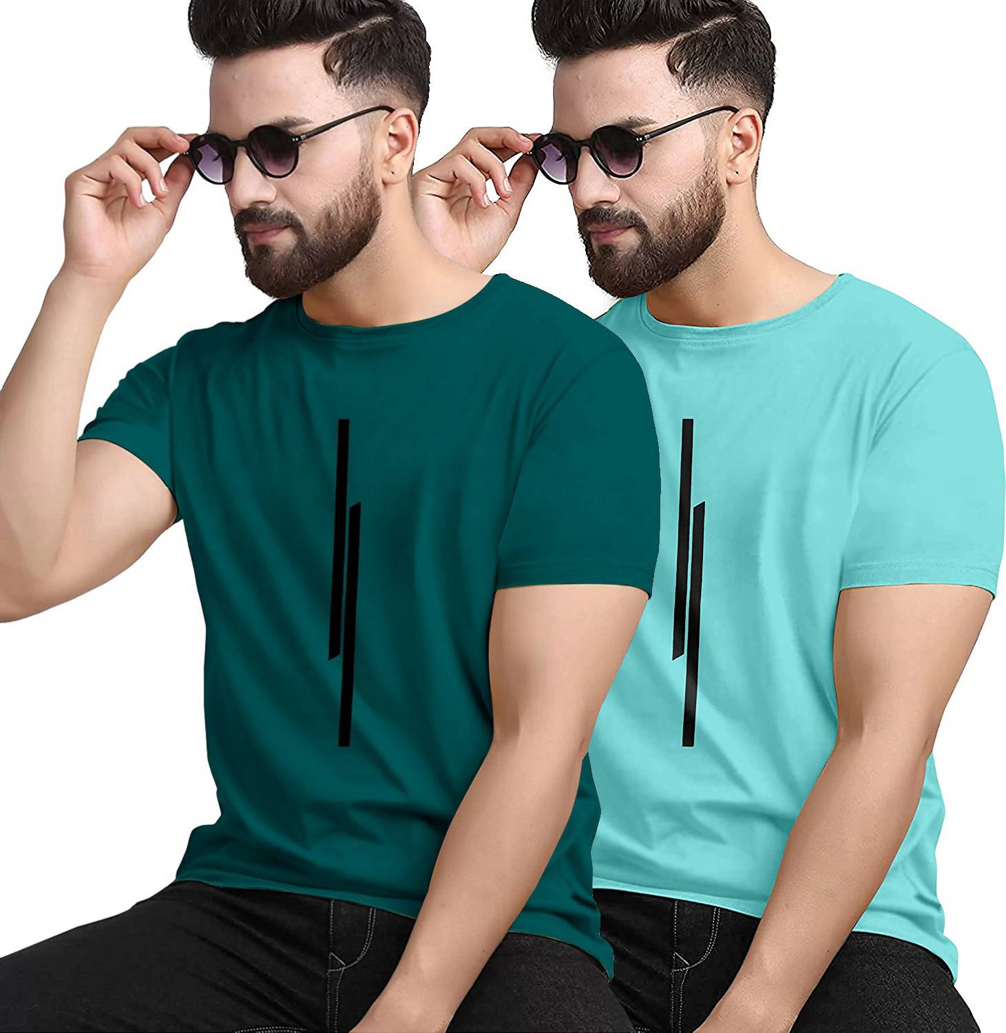 KAJARU Pack of 2 Men Striped Round Neck Polyester Blue, Dark Gree