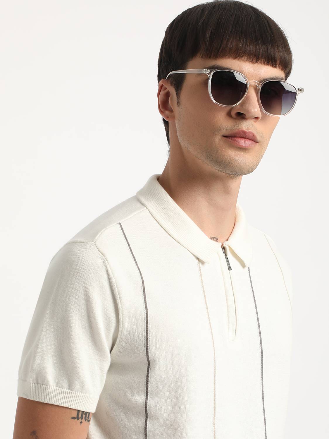 THE BEAR HOUSE Striped Men Polo Neck White T-Shirt