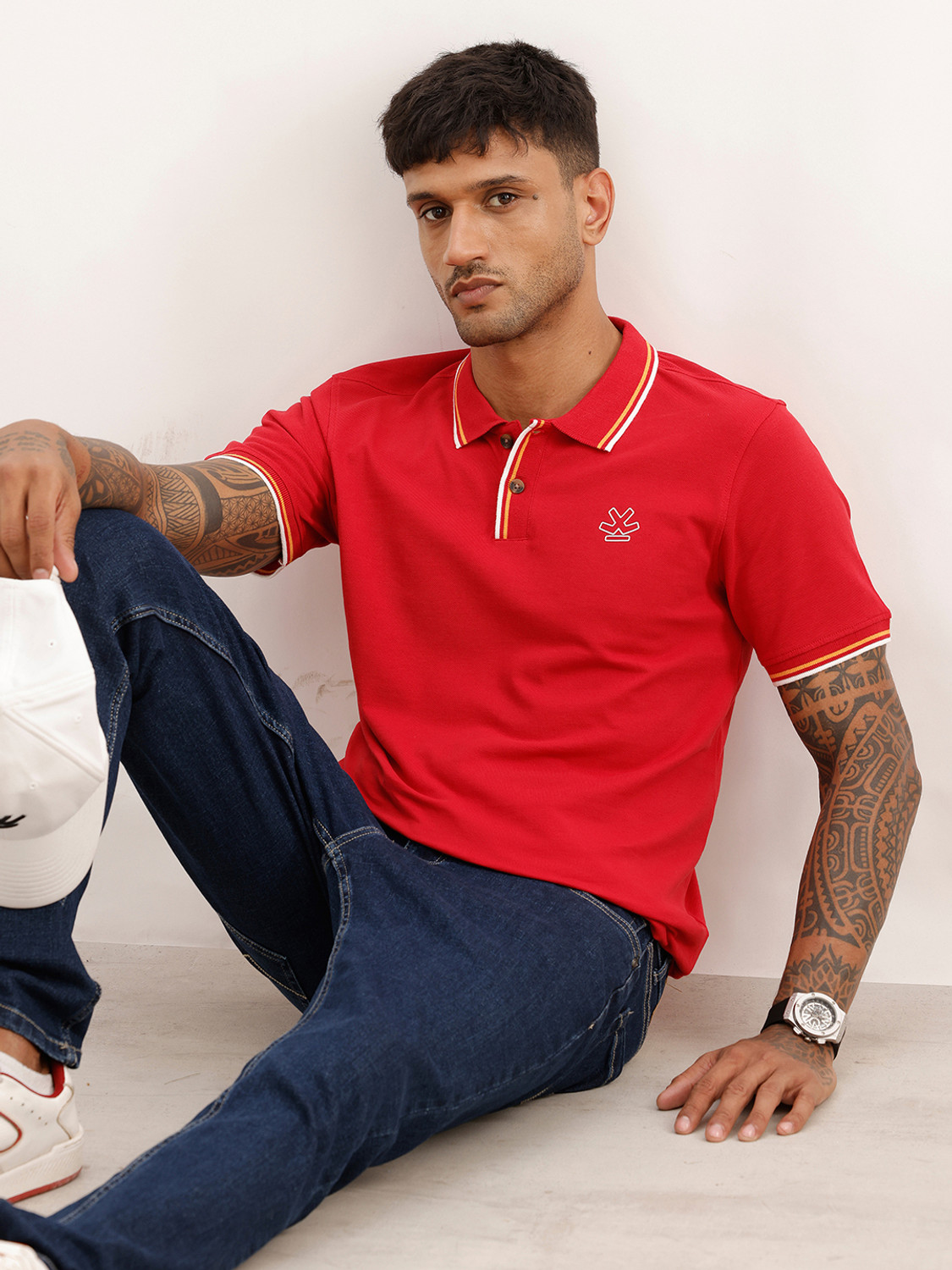 Image of WROGN Men Solid Polo Neck Pure Cotton Red T-Shirt