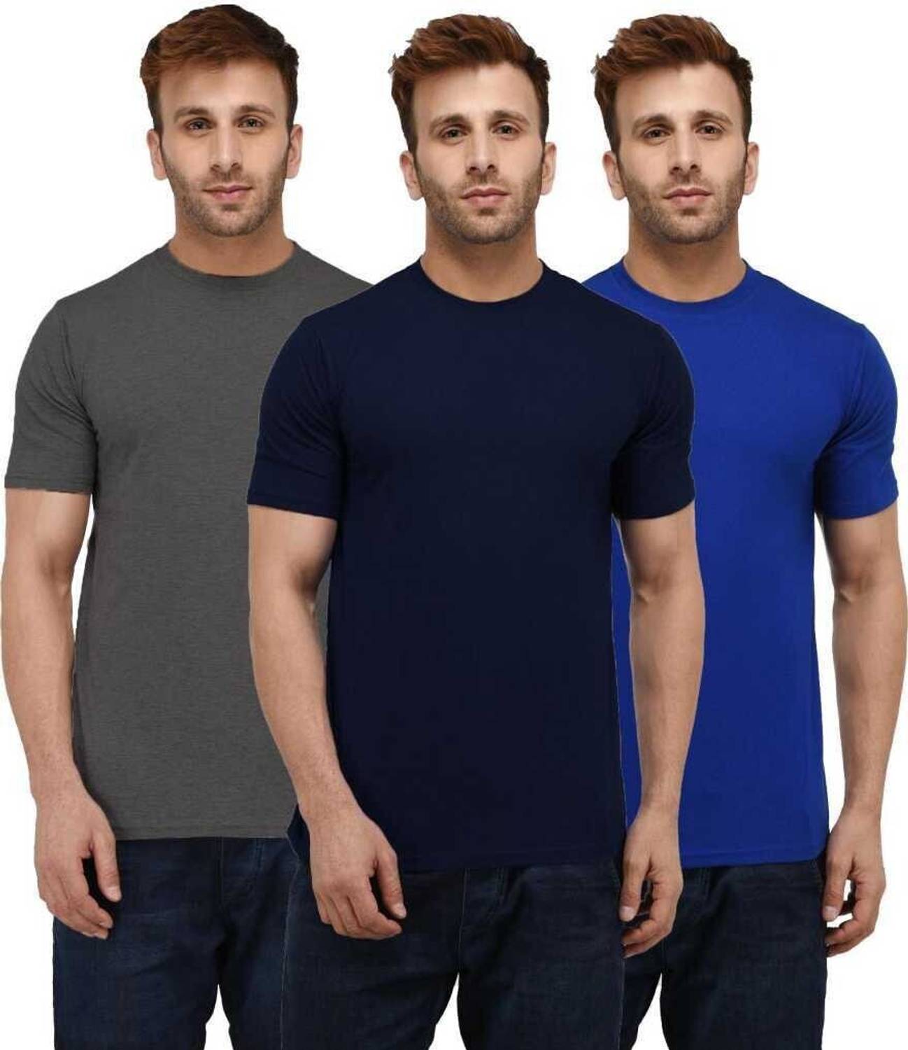 INKKR Pack of 3 Men Solid Round Neck Cotton Blend Multicolor T-Sh