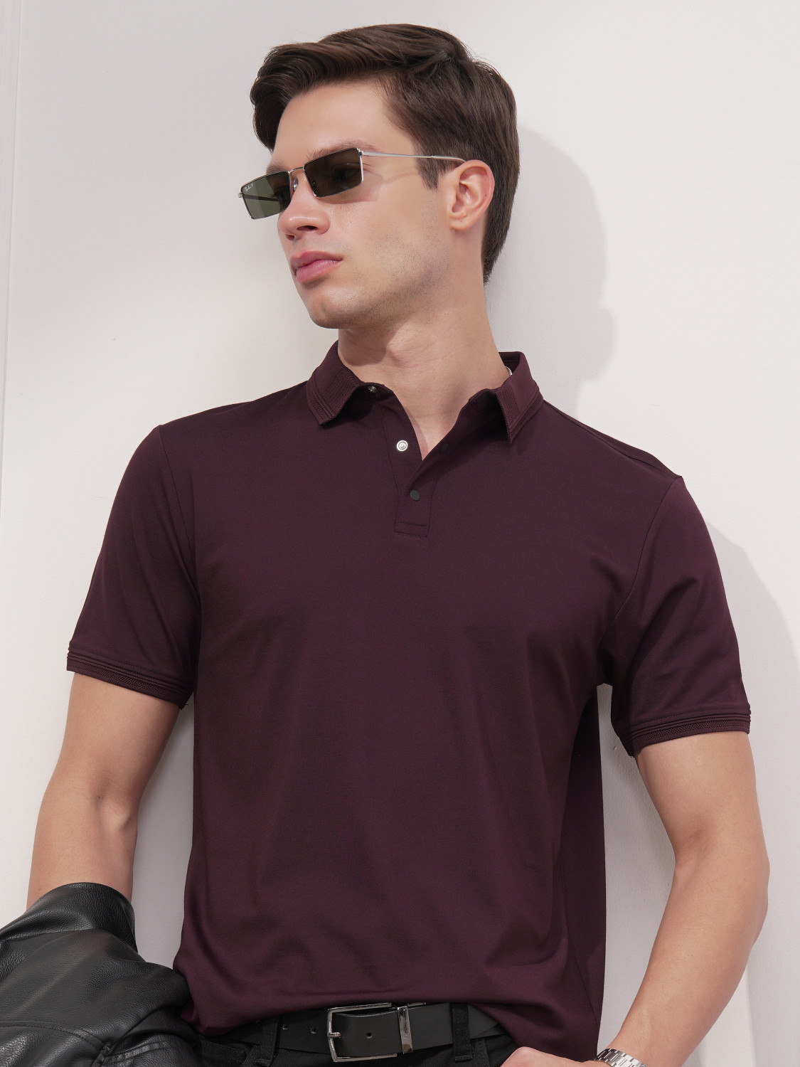 Image of HIGHLANDER Solid Men Polo Neck Maroon T-Shirt