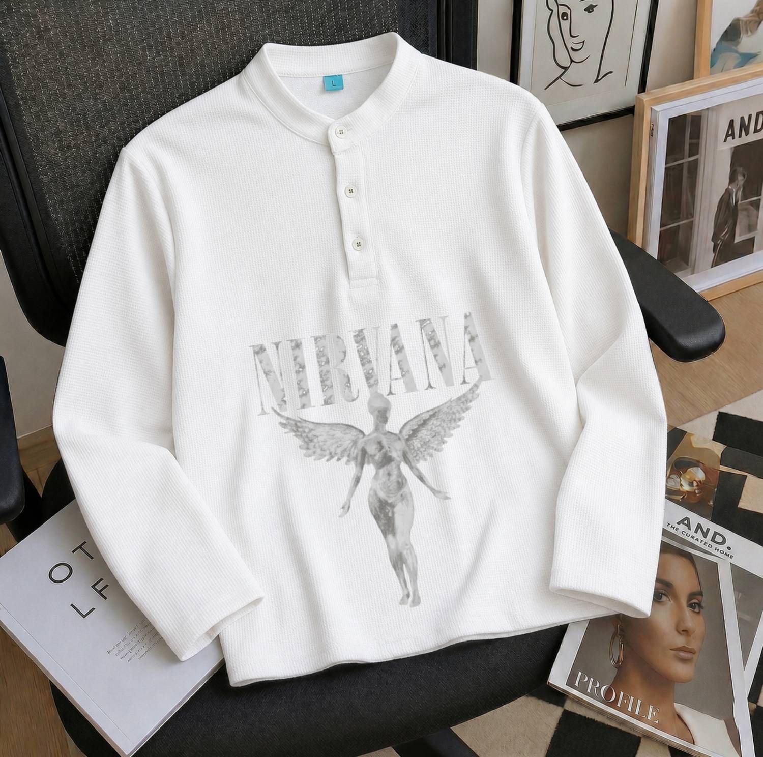 Chain Link Typography Men Henley Neck White T-Shirt