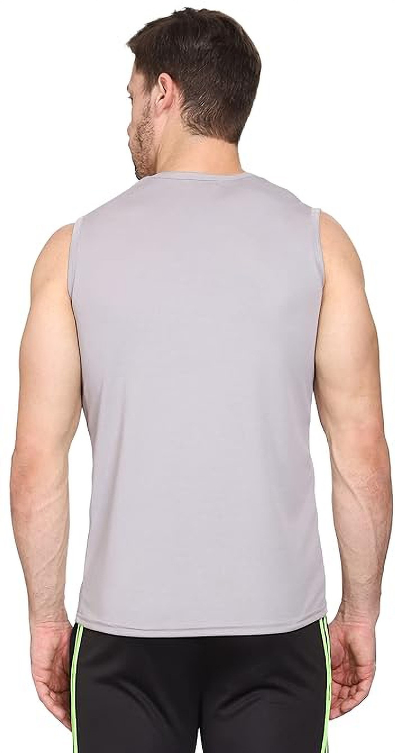 Image of Think Tech Men Solid Round Neck Polyester Grey T-Shirt