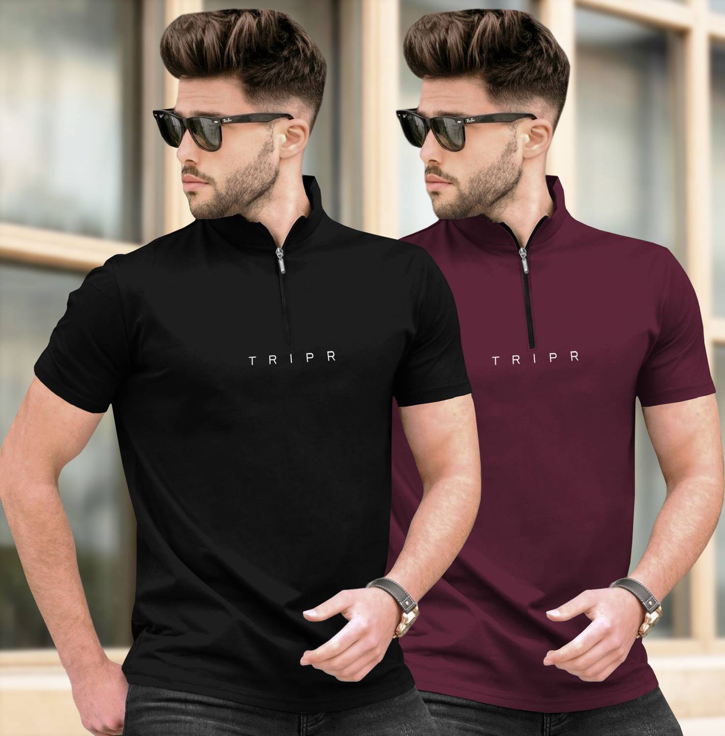 TRIPR Pack of 2 Men Typography Mandarin Collar Cotton Blend Black