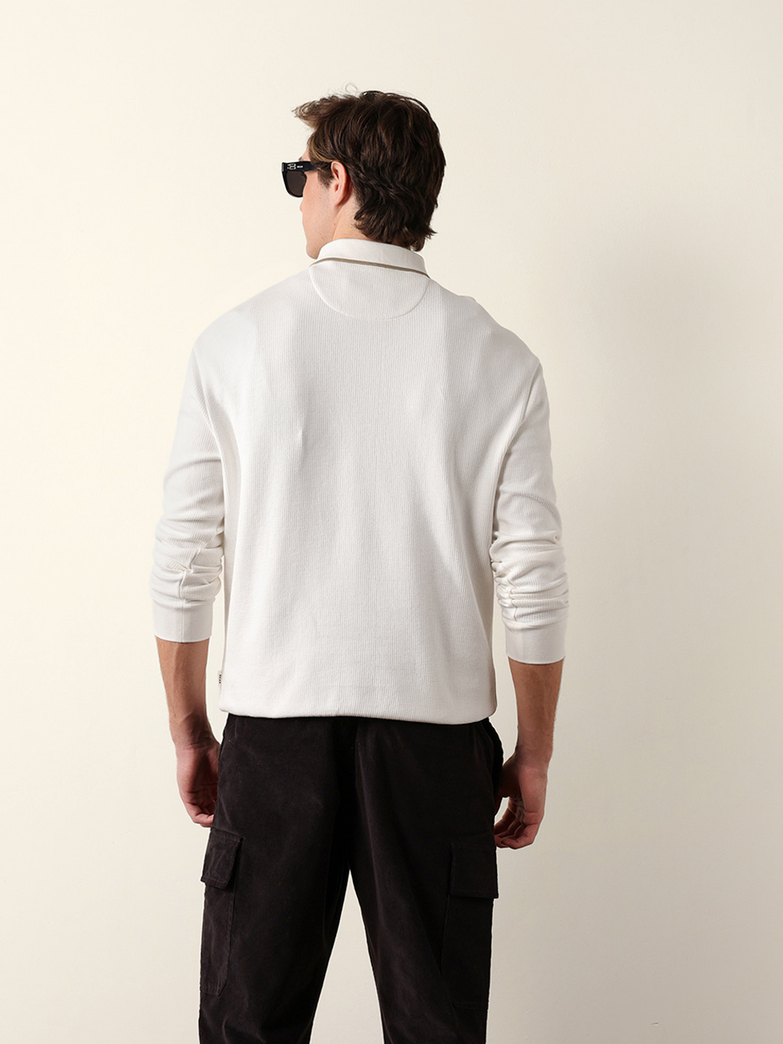 Image of THE BEAR HOUSE Self Design Men Polo Neck White T-Shirt