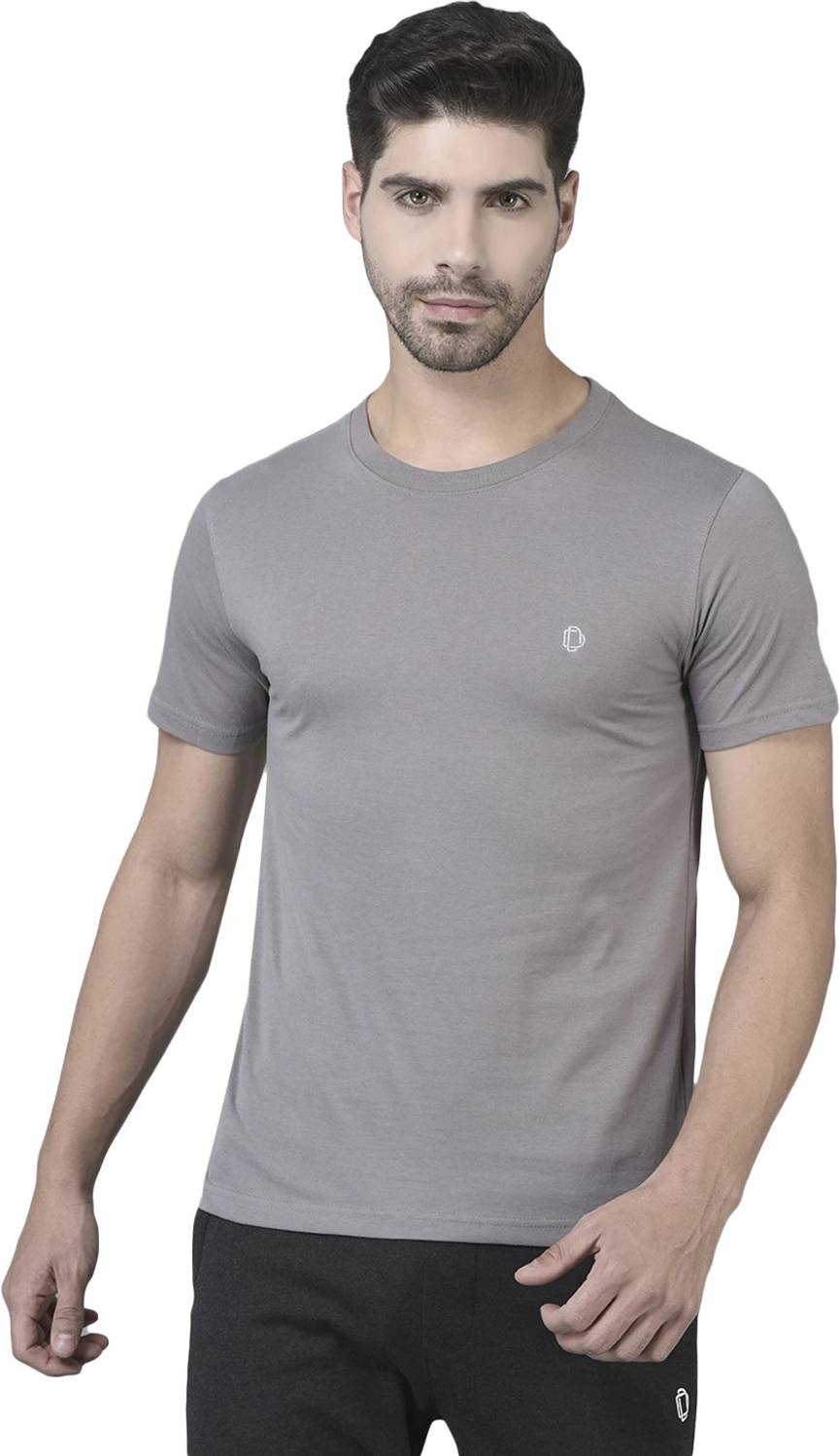 Dollar Men Solid Round Neck Cotton Blend Grey T-Shirt