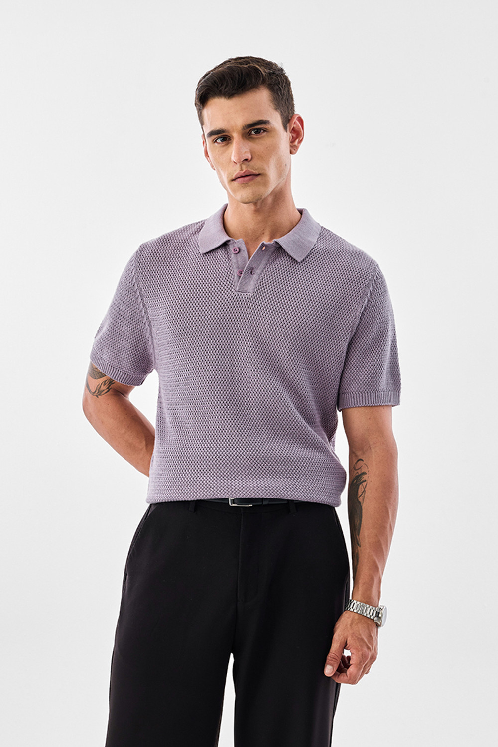 Image of Snitch Men Self Design Polo Neck Cotton Blend Purple T-Shirt