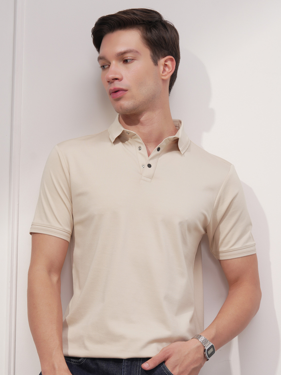 Image of HIGHLANDER Solid Men Polo Neck Beige T-Shirt