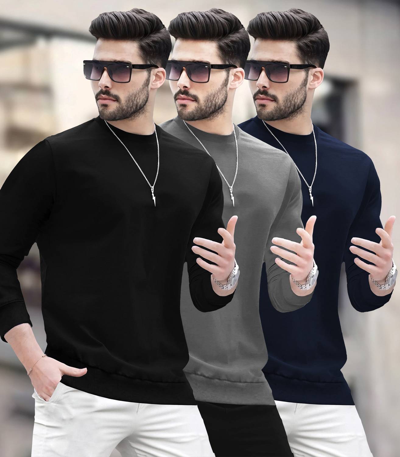 BLIVE Pack of 3 Men Solid Round Neck Cotton Blend Multicolor T-Sh