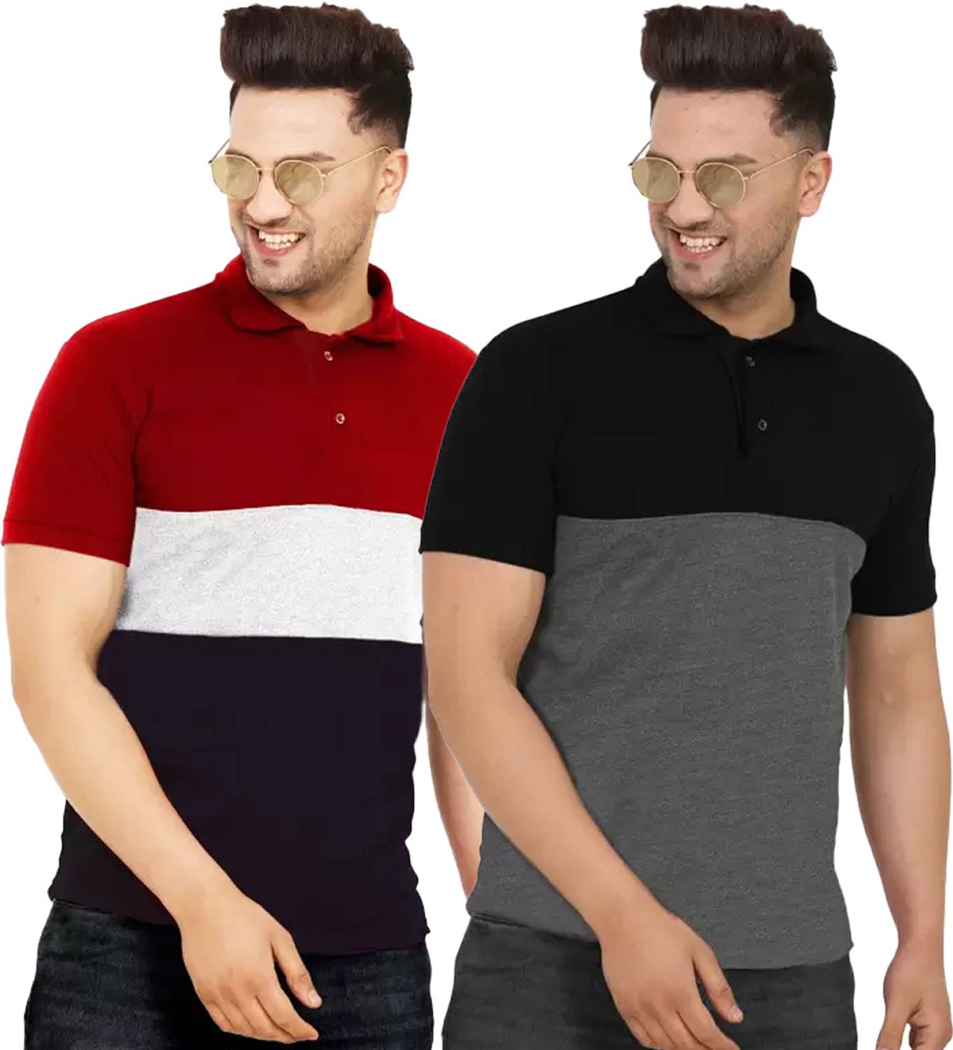 Leotude Men Colorblock Polo Neck Cotton Blend Multicolor T-Shirt
