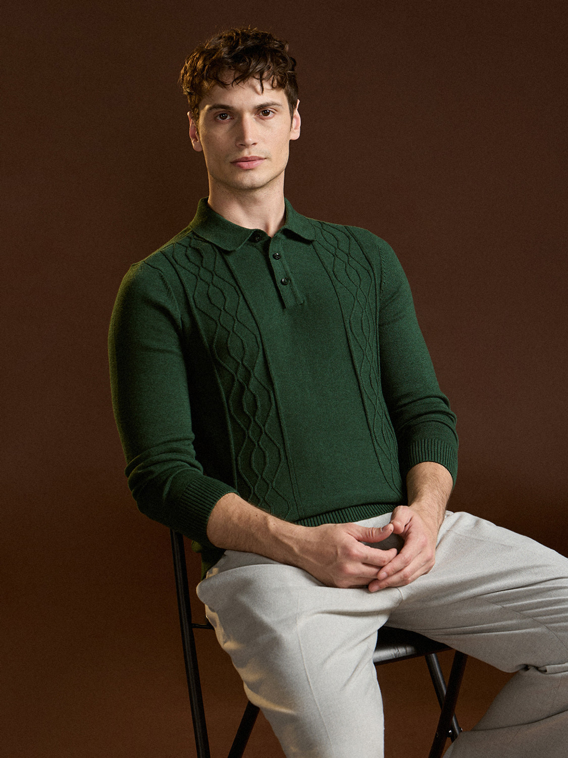 Image of THE BEAR HOUSE Self Design Men Polo Neck Green T-Shirt