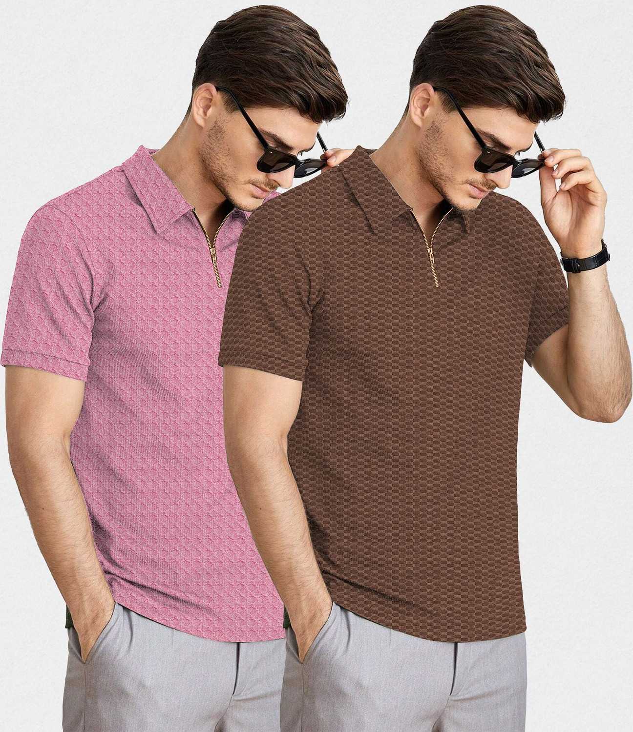 Image of KAJARU Self Design Men Zip Neck Pink, Brown T-Shirt
