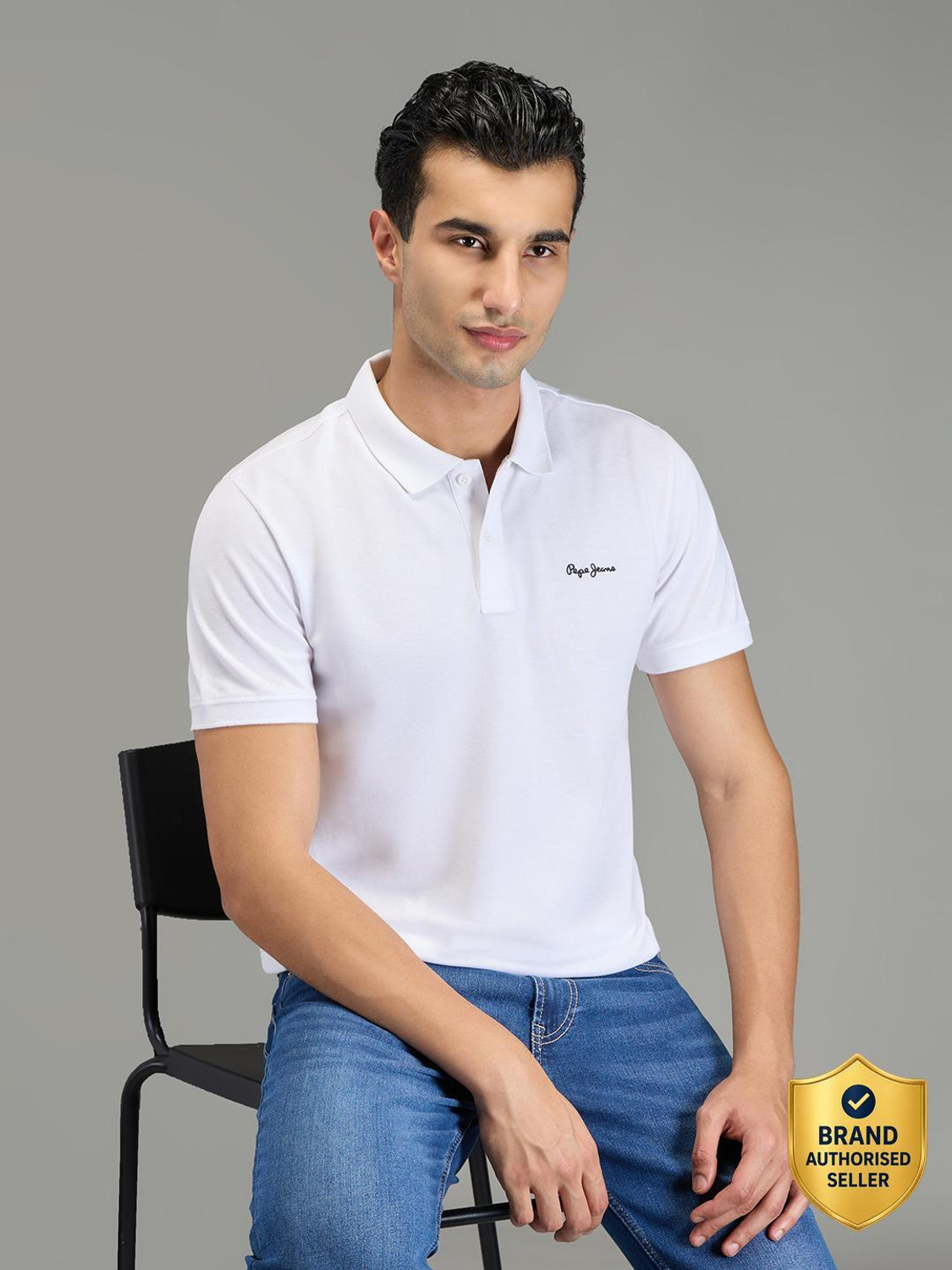 Image of Pepe Jeans Self Design Men Polo Neck White T-Shirt