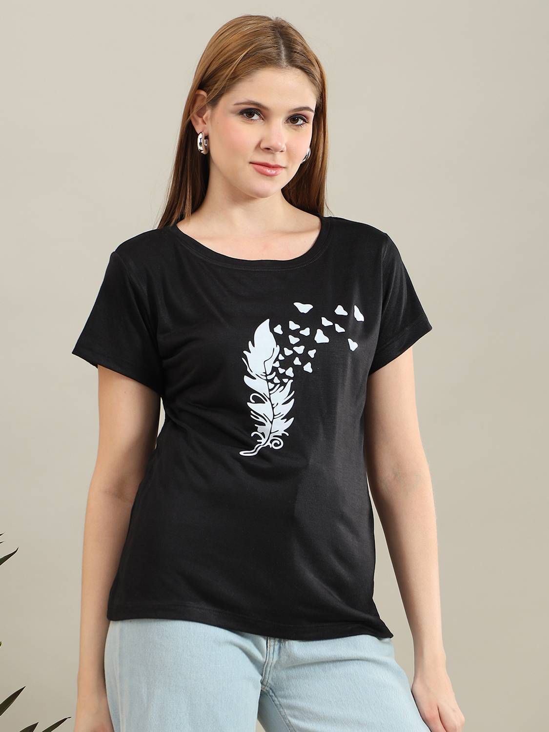 bearbrother Printed Women Round Neck Black T-Shirt