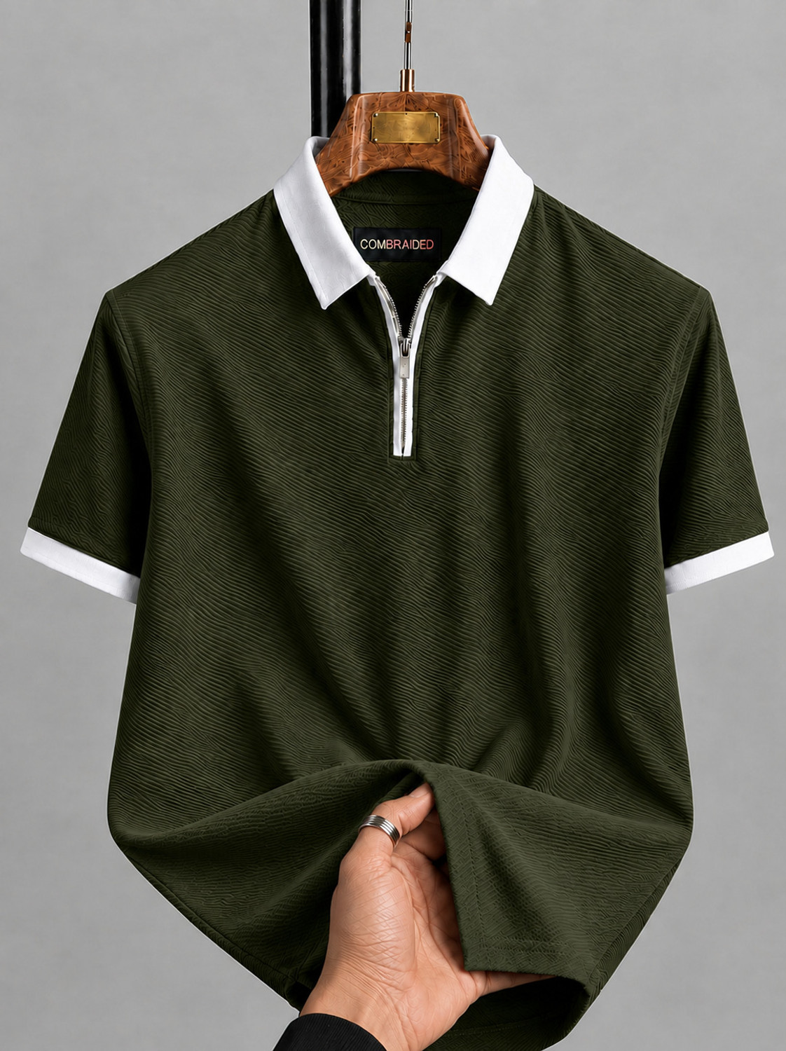 Image of COMBRAIDED Self Design Men Polo Neck Green T-Shirt